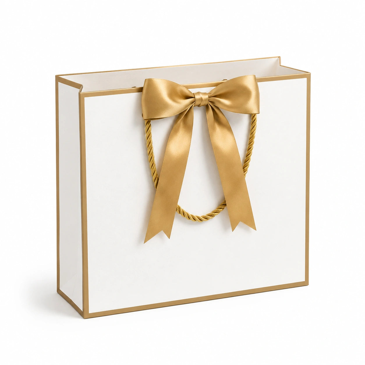 Sacchetto regalo 30 x 12 x 30 cm in carta bianca e oro con manici in corda - stile elegante