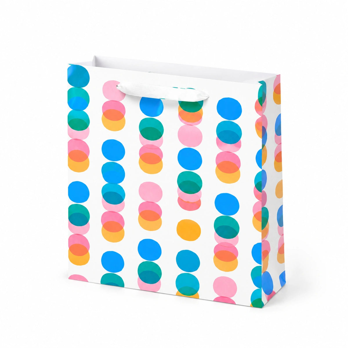 Sacchetto regalo 26 x 12 x 32 cm in carta bianca multicolore con manici in nastro - fantasia geometrica