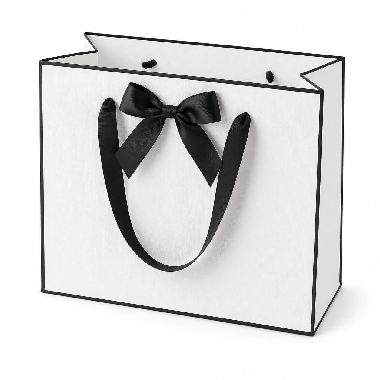 Sacchetto regalo 30 x 12 x 25 cm in carta bianca con manici neri stile elegante