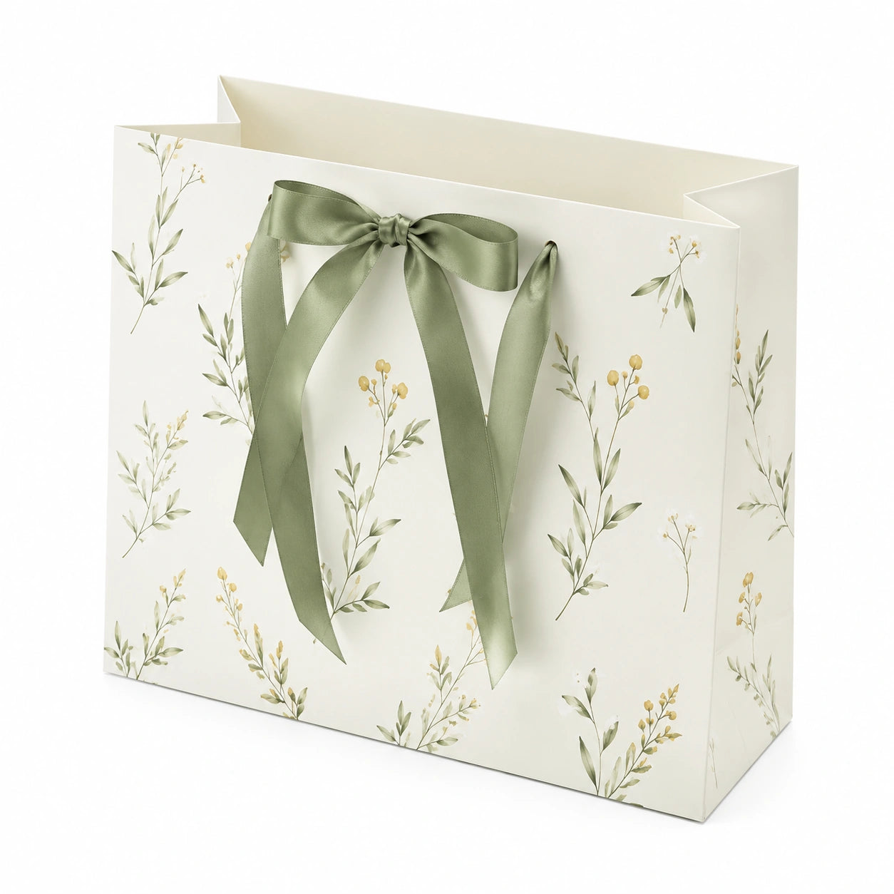 Sacchetto regalo 32 x 12 x 26 cm in carta avorio con nastro verde stile botanico