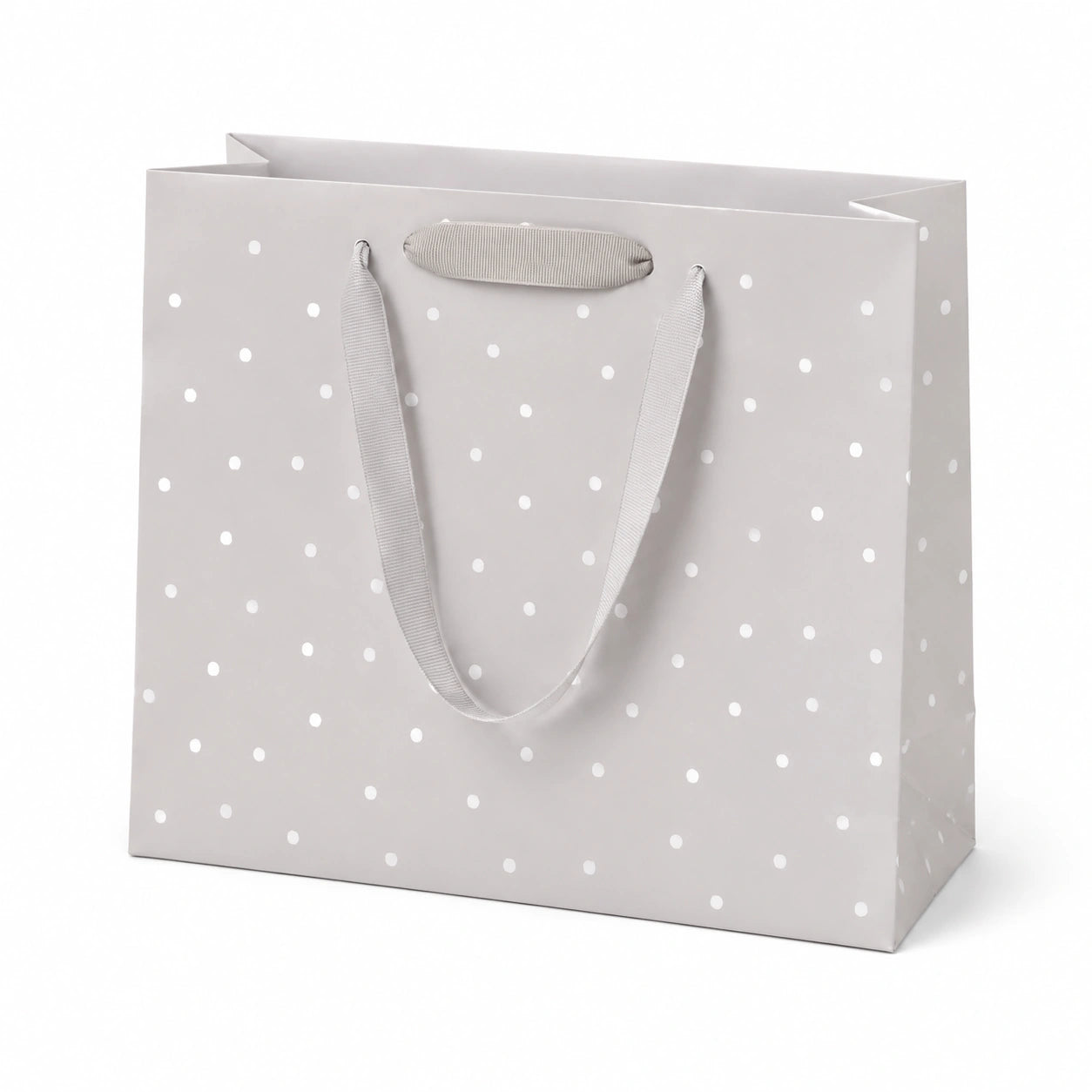 Sacchetto regalo 26 x 12 x 32 cm in carta grigio chiaro a pois con manici in tessuto
