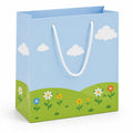 Sacchetto regalo 32 x 26 x 12 cm in carta azzurro verde con manici in corda stile prato fiorito
