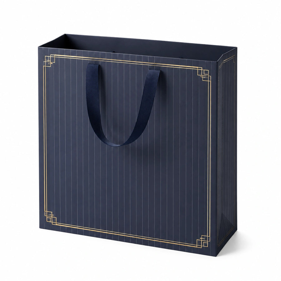Borsa regalo 30 x 12 x 40 cm in carta blu navy con manici in nastro e motivo geometrico dorato