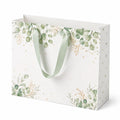 Borsa regalo in carta 32 x 12 x 26 cm bianco verde con manici in nastro stile botanico