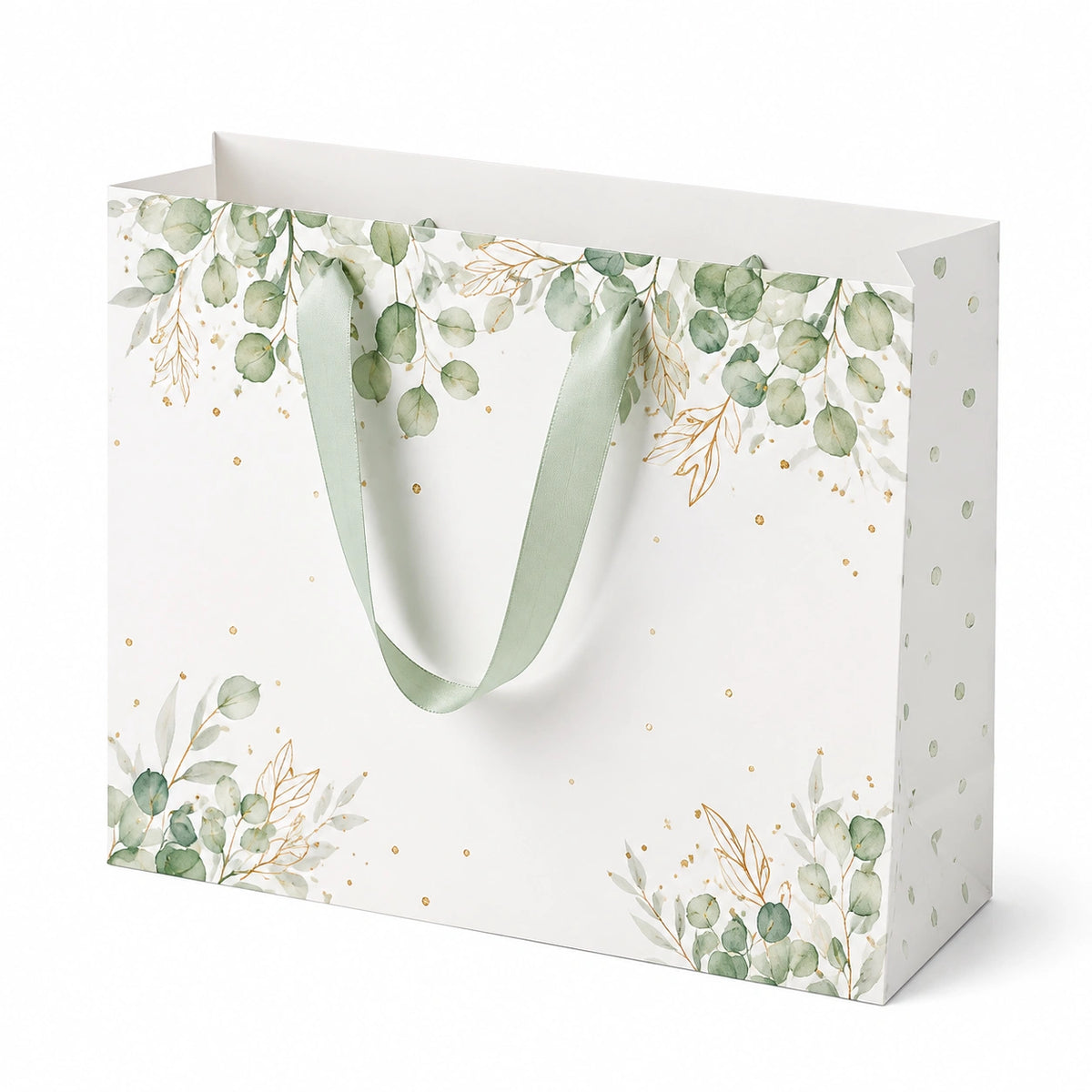 Borsa regalo in carta 32 x 12 x 26 cm bianco verde con manici in nastro stile botanico