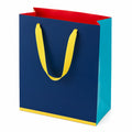 Borsa regalo in carta 32 x 12 x 40 cm blu rosso turchese e giallo con manici in nastro