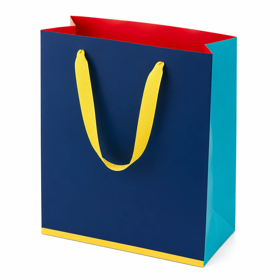 Borsa regalo in carta 32 x 12 x 40 cm blu rosso turchese e giallo con manici in nastro
