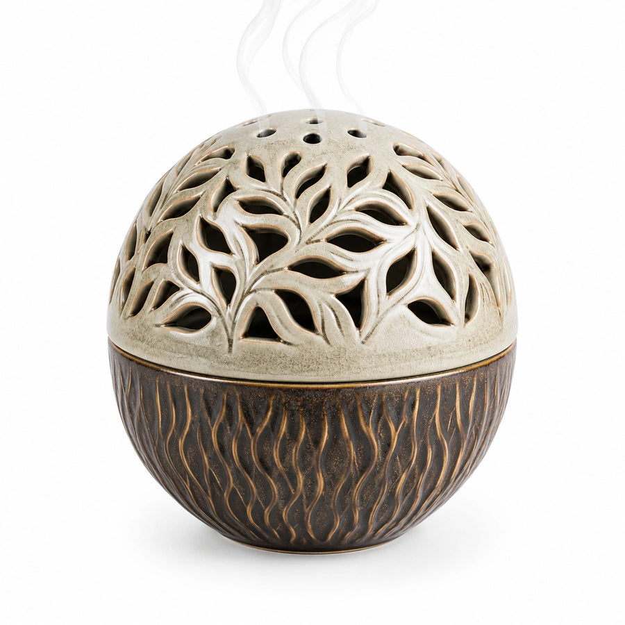 Bruciatore di incenso in ceramica diametro 18 cm beige/marrone con trafori decorativi