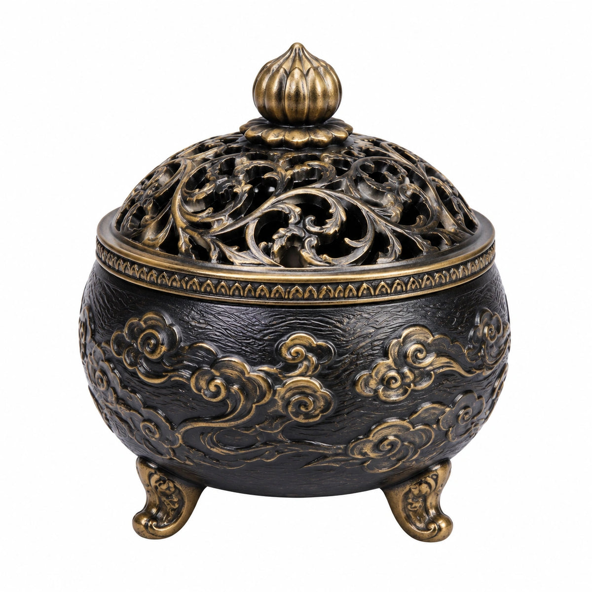 Bruciatore per incenso Ø18 x H21 cm in lega metallica nero bronzo traforato decorativo