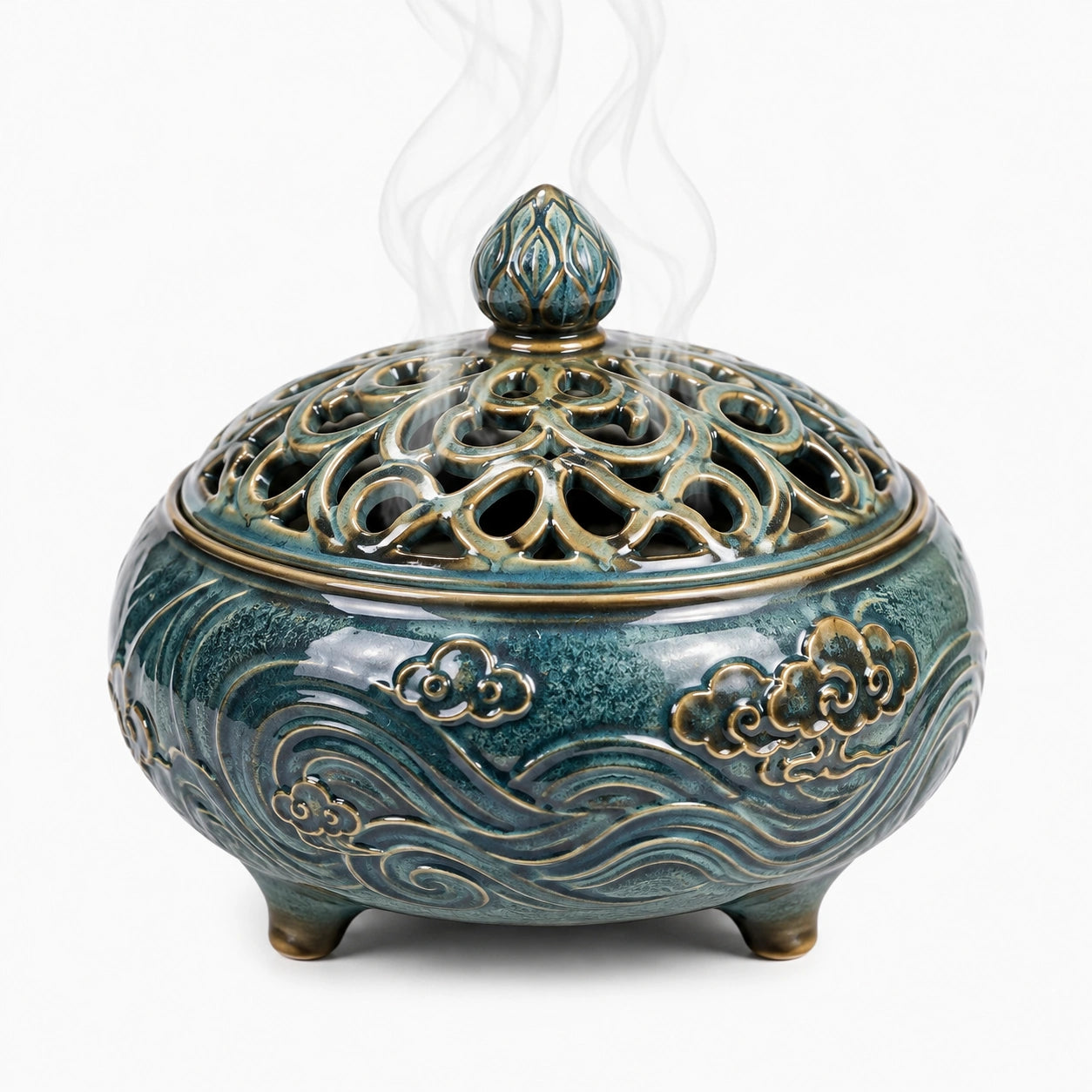 Bruciatore d'incenso in ceramica 18 cm verde petrolio traforato decorativo
