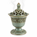 Bruciatore di incenso in ceramica verde 18 x 28 cm con coperchio traforato stile classico