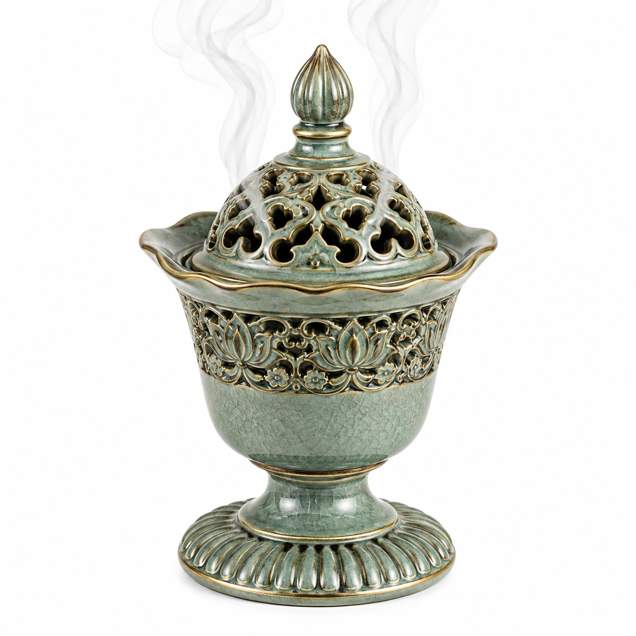Bruciatore di incenso in ceramica verde 18 x 28 cm con coperchio traforato stile classico