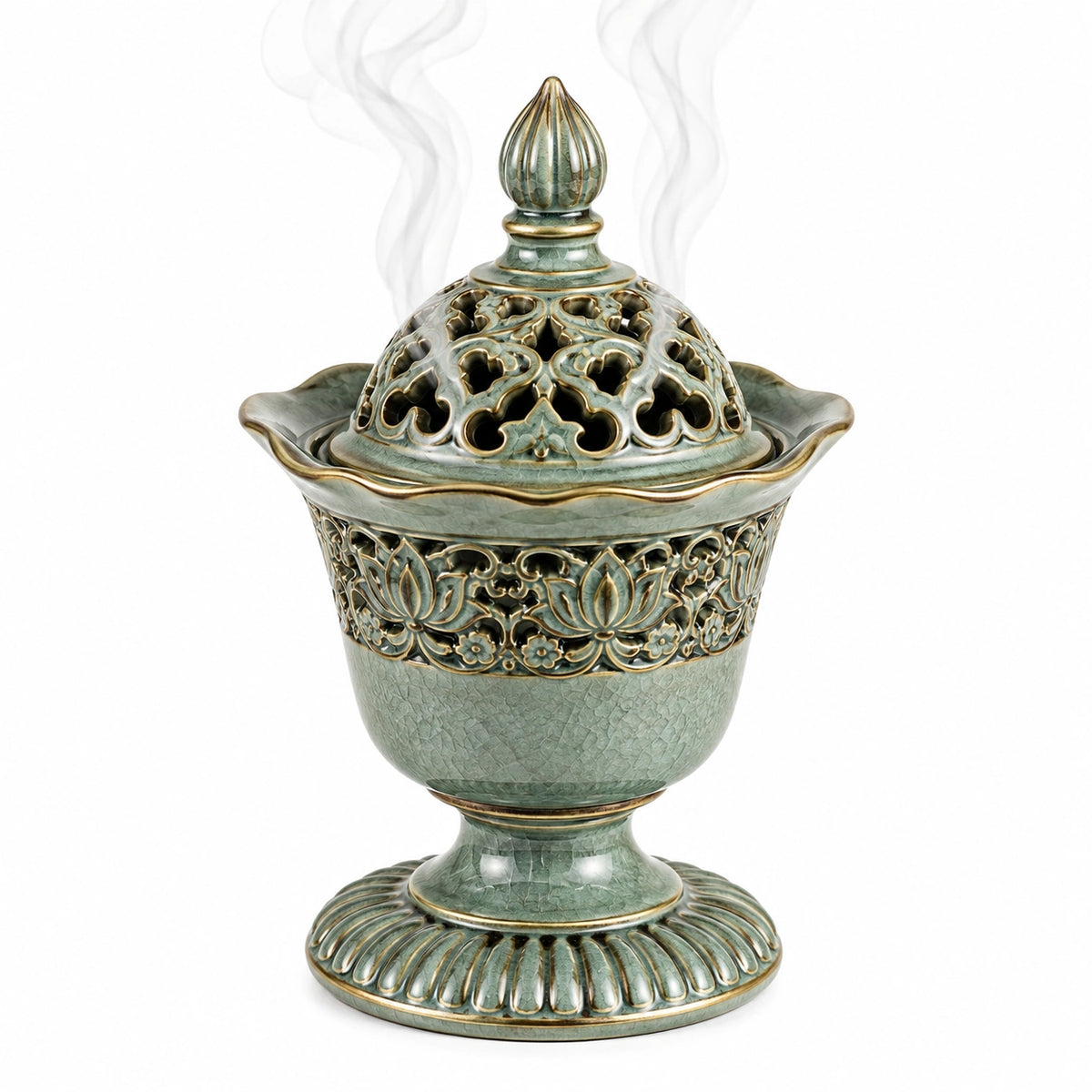 Bruciatore di incenso in ceramica verde 18 x 28 cm con coperchio traforato stile classico