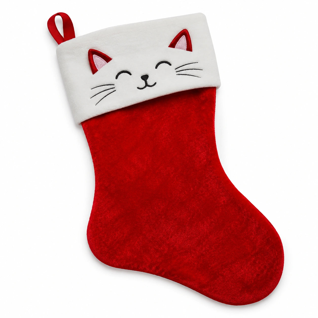 Calza natalizia 45 cm in tessuto felpato rosso e bianco con gatto ricamato da appendere