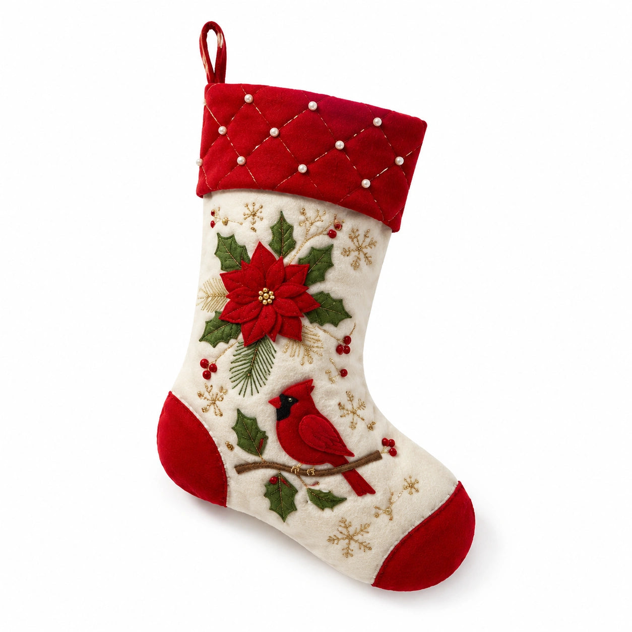 Calza decorativa 45 cm in tessuto rosso e avorio con applicazioni natalizie