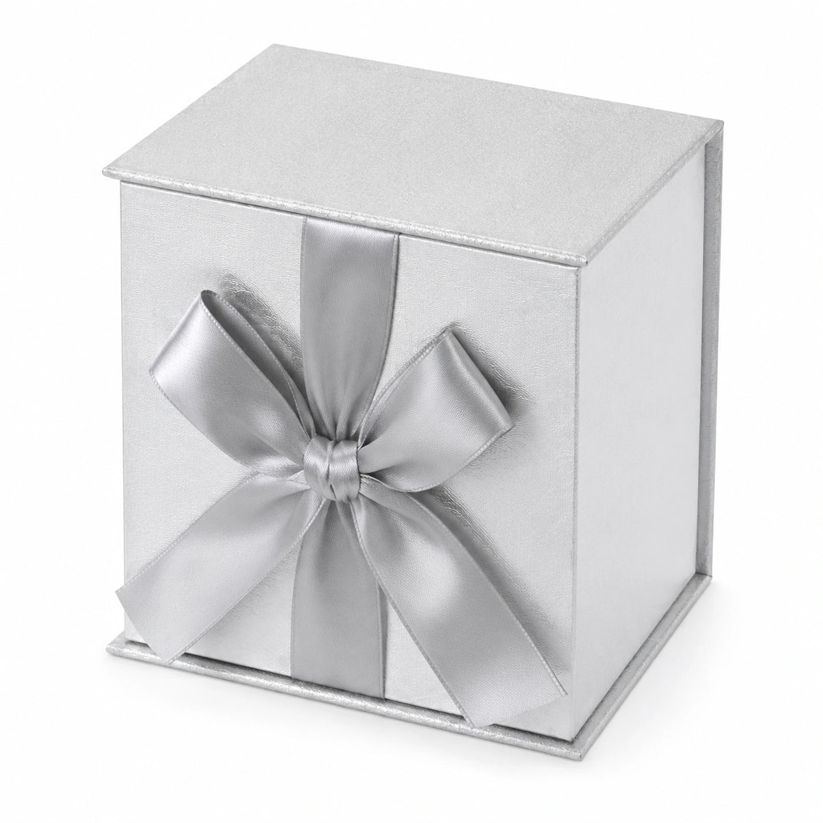 Scatola regalo cubica 15 x 15 x 15 cm in cartone argentato con nastro decorativo stile elegante